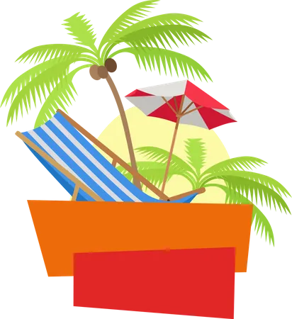 Summer Time Vacation Concept Vector Illustration In Flat Style Design Beach Chair Umbrella And Palm Trees With Sun Disc On Background Isolated On White Illustration