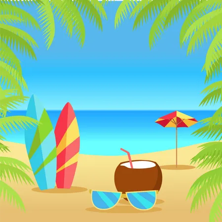 Summer Vacation Concept Banner Leisure On Tropical Sunny Beach With Palm Trees Surfboards Sunglasses Coconut Umbrella Flat Vector Illustration Ocean Horizon Background Frame From Palm Branches Illustration