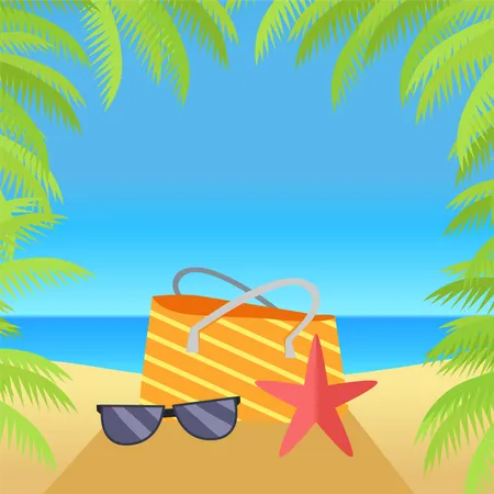 Summer Vacation Concept Banner Leisure On Tropical Sunny Beach With Palm Trees Ocean Horizon Background Frame From Palm Branches Beach Bag Starfish Sunglasses Flat Design Vector Illustration Illustration