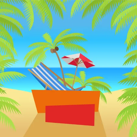 Summer Time Vacation Concept Banner Flat Style Design Vector Leisure On Tropical Sunny Beach With Palm Trees Beach Chair Umbrella And Palm With Ocean On Background Illustration Illustration
