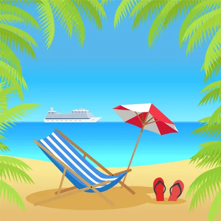 Summer Vacation Concept Banner Flat Style Design Vector Leisure On Tropical Sunny Beach With Palm Trees Beach Chair Umbrella And Palm Trees With Cruise Ship On Horizon Illustration イラスト