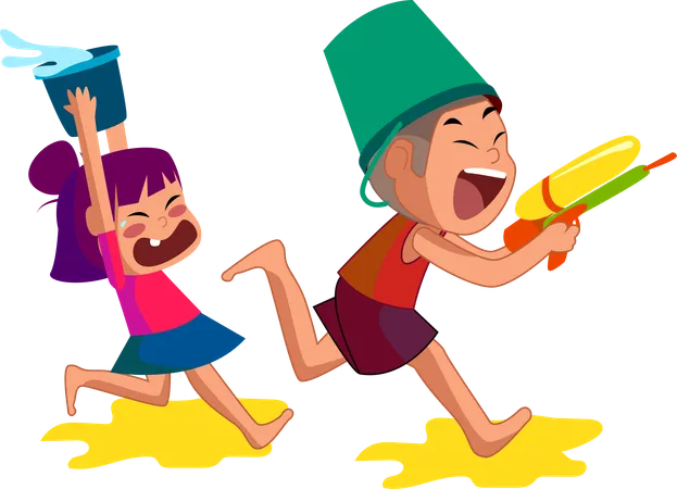 Two Children Engaged In An Exuberant Water Fight With One Wearing A Bucket Hat And The Other Using A Water Gun Epitomizing The Joyful And Spirited Activities Of Summer Illustration