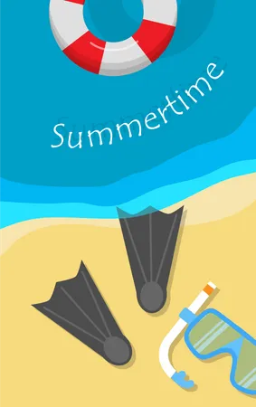 Summertime Banner Sea Beach With Lifebuoy Fins Diving Mask And Diving Tube On Sand Tidal Bore Concept Of Holiday At Sea Swimming Equipment Beach Activities Vector Illustration In Flat イラスト