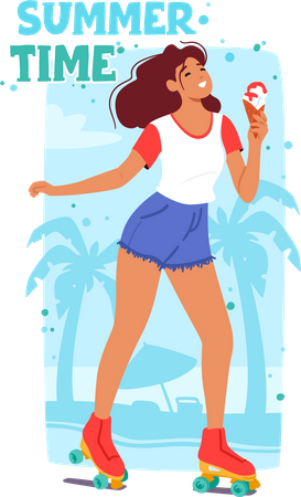 Summertime Poster With Happy Woman Rollerblading At Summer Beach With Ice Cream  Illustration