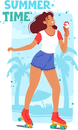 Summertime Poster With Happy Woman Rollerblading At Summer Beach With Ice Cream  イラスト