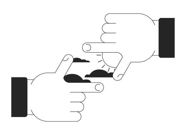 Sun Clouds In Finger Frame Bw Concept Vector Spot Illustration Finger Focus 2 D Cartoon Flat Line Monochromatic Hands For Web UI Design New Perspective Editable Isolated Outline Hero Image Illustration