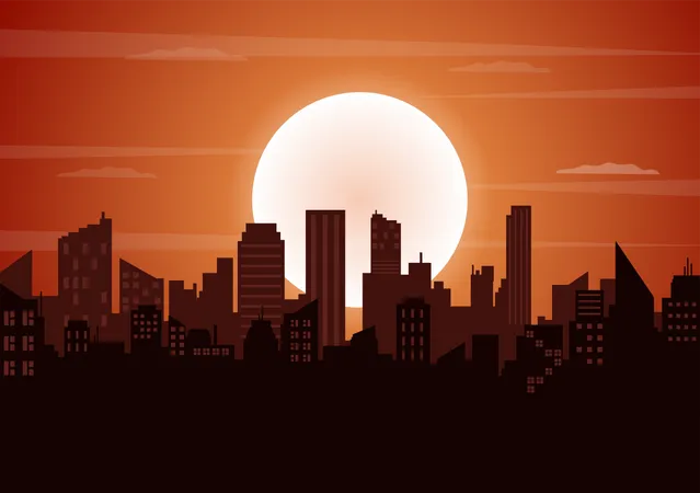 Sun getting down between skyscraper  Illustration