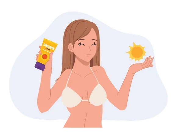 Woman In Bikini Showing Sun Protection Product Sunblock Sunscreen Sunburn Its A Little Problem Skin Care Concept Illustration