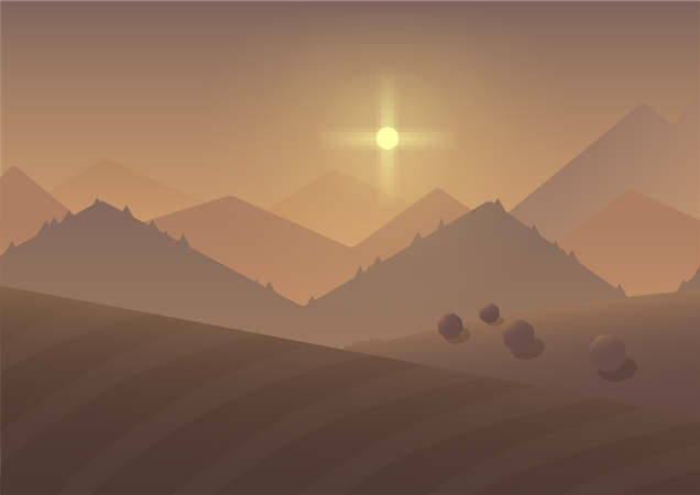 Sun rising above mountains in desert  Illustration