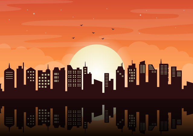 Sun setting between city skyline Illustration