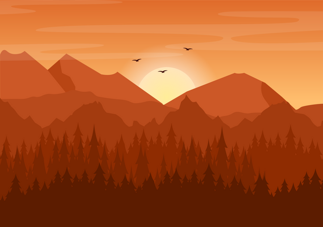 Sun setting down at the forest valley Illustration