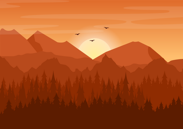 Sun setting down at the forest valley  일러스트레이션