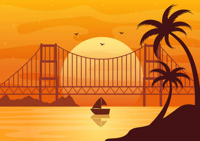 Sun setting down between city bridge  Illustration