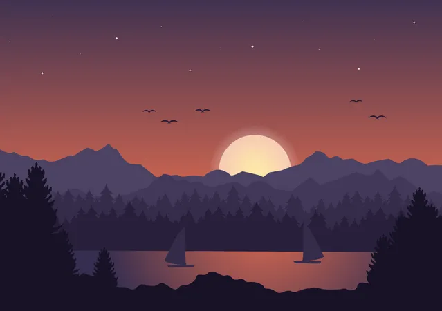 Sun setting down in the mountains  Illustration