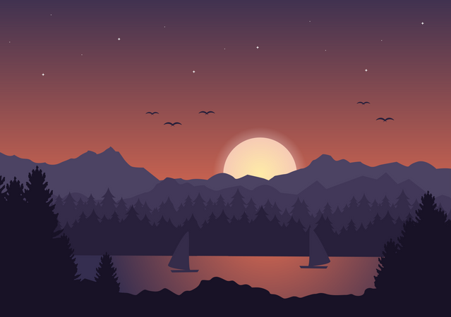 Sun setting down in the mountains  일러스트레이션