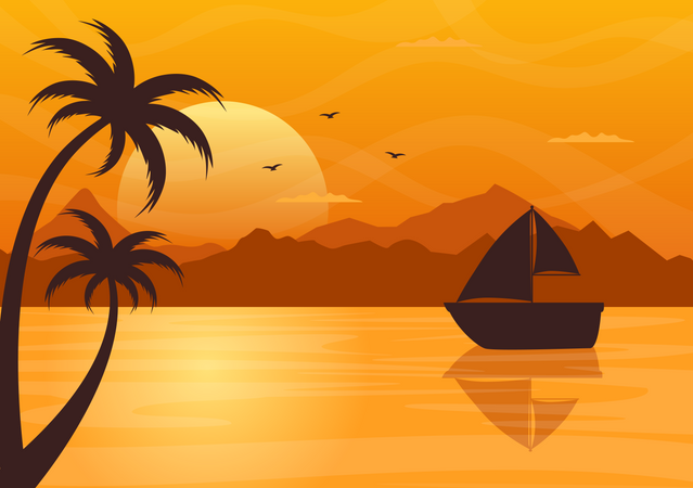 Sun setting down mountains  Illustration