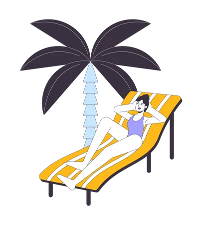 Sunbathing On Beach Flat Line Vector Spot Illustration Caucasian Swimsuit Woman On Lounge Chair 2 D Cartoon Outline Character On White For Web UI Design Editable Isolated Colorful Hero Image Illustration