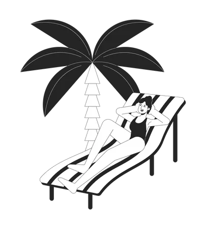Sunbathing On Beach Bw Vector Spot Illustration Caucasian Swimsuit Woman On Lounge Chair 2 D Cartoon Flat Line Monochromatic Character For Web UI Design Editable Isolated Outline Hero Image Illustration