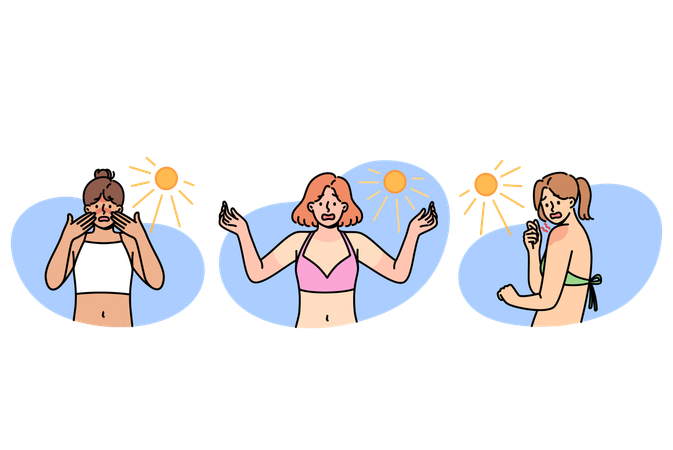 Sunburns on bodies of shocked women relaxing on beach and not using sunscreen and uv rays  Illustration