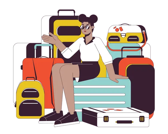 Suitcase Pile Girl Flat Line Vector Spot Illustration Sunglasses Cool Woman Sitting On Luggage Bags 2 D Cartoon Outline Character On White For Web UI Design Editable Isolated Colorful Hero Image Illustration