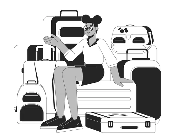 Suitcase Pile Girl Bw Vector Spot Illustration Sunglasses Cool Woman Sitting On Luggage Bags 2 D Cartoon Flat Line Monochromatic Character For Web UI Design Editable Isolated Outline Hero Image イラスト