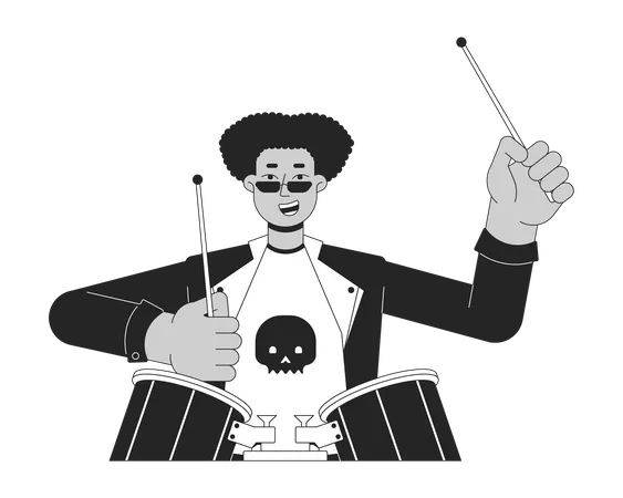 Sunglasses Drummer Artist Holding Drumsticks Black And White 2 D Line Cartoon Character Drums Playing African American Man Rockstar Isolated Vector Outline Person Monochromatic Flat Spot Illustration 일러스트레이션