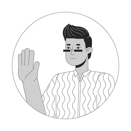 Sunglasses Indian Man Waving Hand Black And White 2 D Vector Avatar Illustration Stylish South Asian Guy Saying Hello Outline Cartoon Character Face Isolated Greeting Gesture Flat User Profile Image Illustration