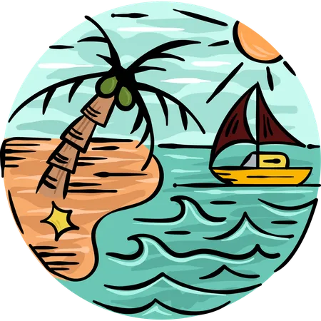 Sunny Beach with a boat  Illustration