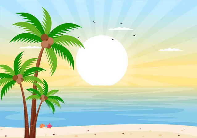Sea Sunrise Landscape Above Morning Scene Ocean With Clouds Water Surface Palm Tree And Beach In Flat Background Illustration For Banner Illustration