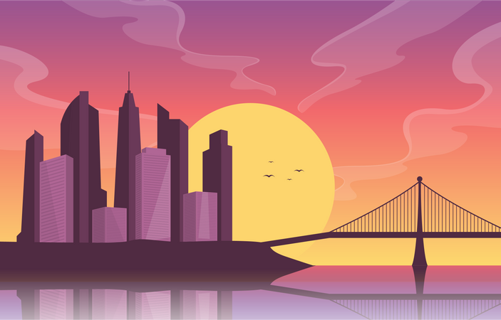 Sunset  at river Bridge City Illustration