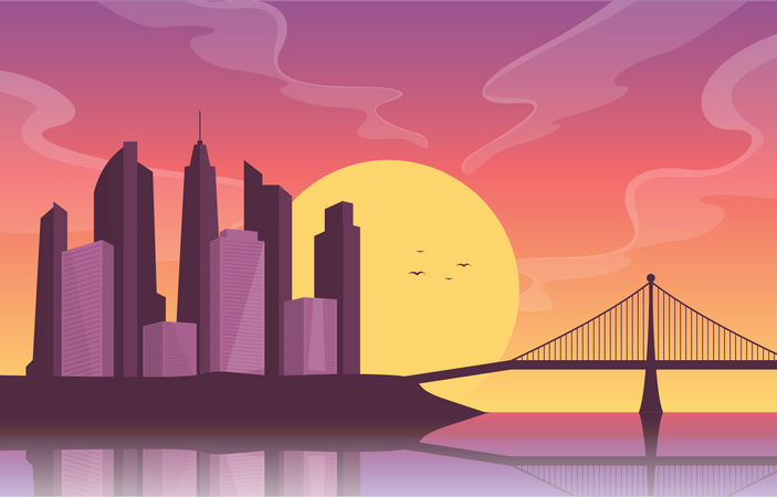 Sunset  at river Bridge City  일러스트레이션