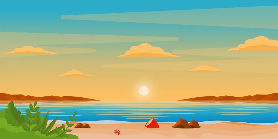 A Beach Sunset Background In Flat Vector Illustration