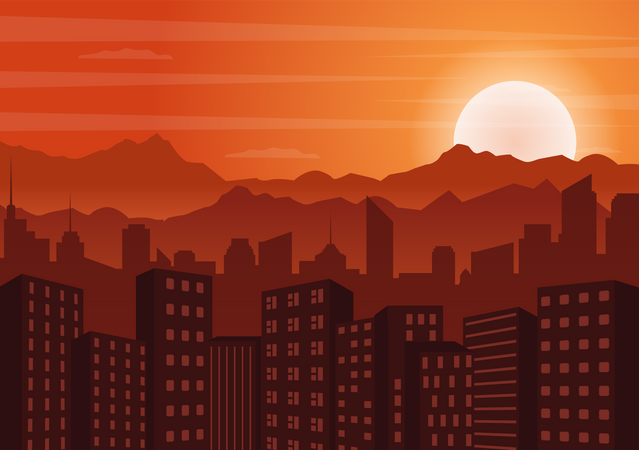 Sunset between city mountains  Illustration