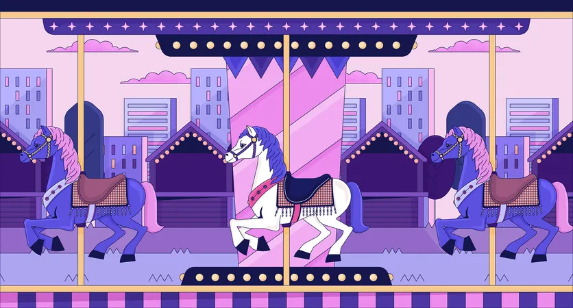 Sunset city carousel horses  Illustration