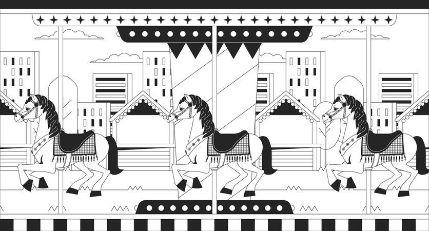 Sunset city carousel horses  イラスト