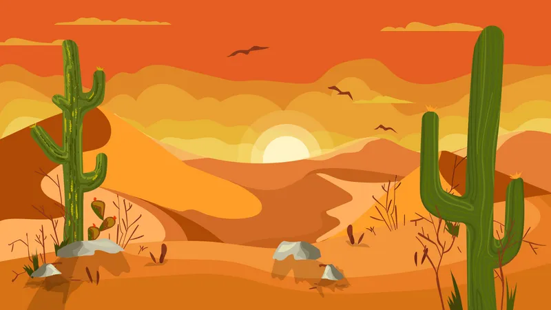 Sunset In Desert Landscape Concept In Flat Cartoon Design Sandy Hills And Dunes Cacti Scorching Sun And Sparse Vegetation Wildlife Panoramic View Vector Illustration Horizontal Background Illustration