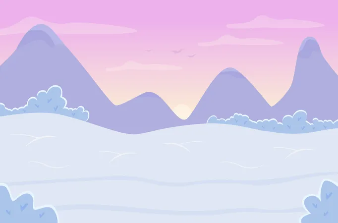 Sunset On Winter Mountains Flat Color Vector Illustration Frozen Land During Daytime Snow On Wintry Hills Mountains During Sunrise 2 D Cartoon Landscape With Ridges And Peaks On Background Illustration
