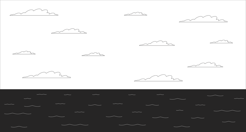 穏やかな海に沈む夕焼け空  イラスト