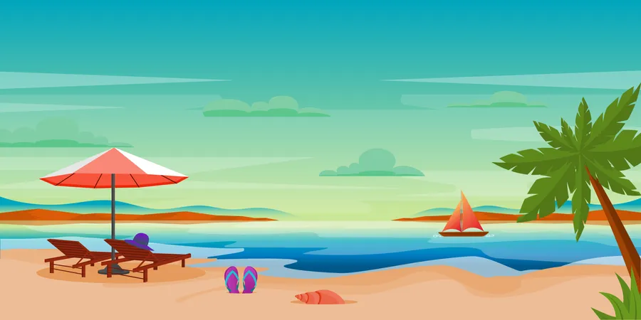 A Sunshade Of Beach With Chairs And Hat Background Vector Illustration