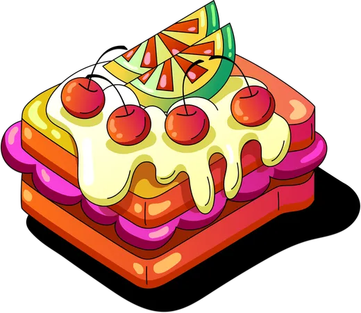 This Eye Catching Cake Illustration Features Layers Of Vibrant Colors Topped With Dripping Cream And Fresh Fruits Including Cherries And Citrus Slices Embodying A Sunshine Vibe Illustration