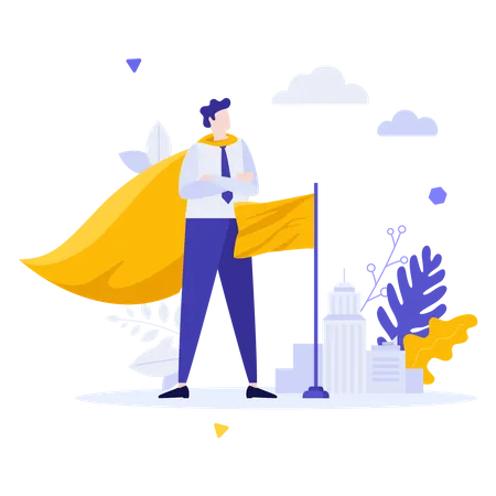 Person Wearing Superheros Cape And Flag Concept Of Chief Executive Officer Or CEO General Manager Successful Entrepreneur Superiority In Business Flat Vector Illustration For Banner Poster Illustration