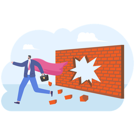 Super businessman breaking through brick wall barrier  Illustration