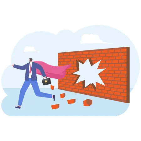 Super Businessman Breaking Through Brick Wall Barrier Illustration