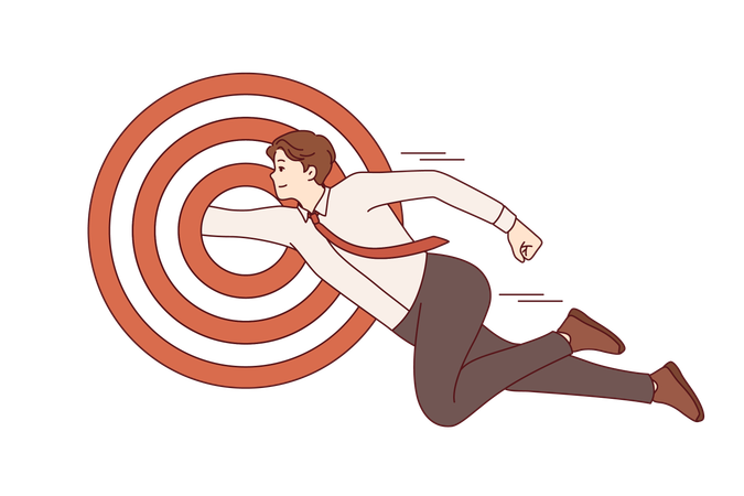 Super businessman flies into target with precision completing assigned task and achieving goal  Illustration