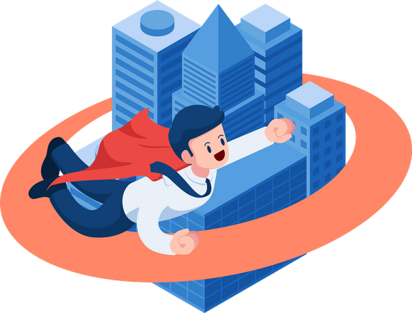 Super Businessman Flying Around Business Building  Illustration