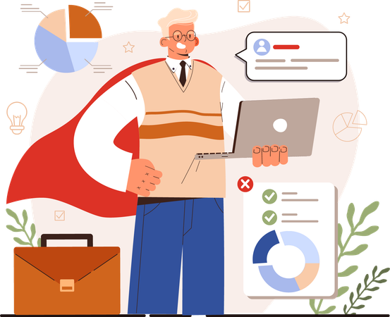Super businessman holding laptop while looking business report  Illustration