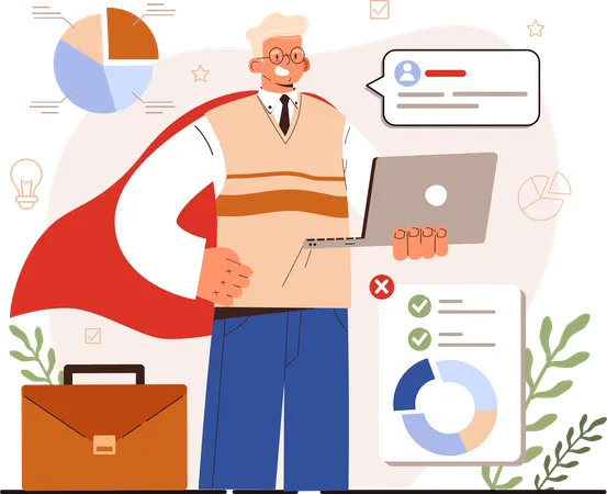 Super businessman holding laptop while looking business report  Illustration