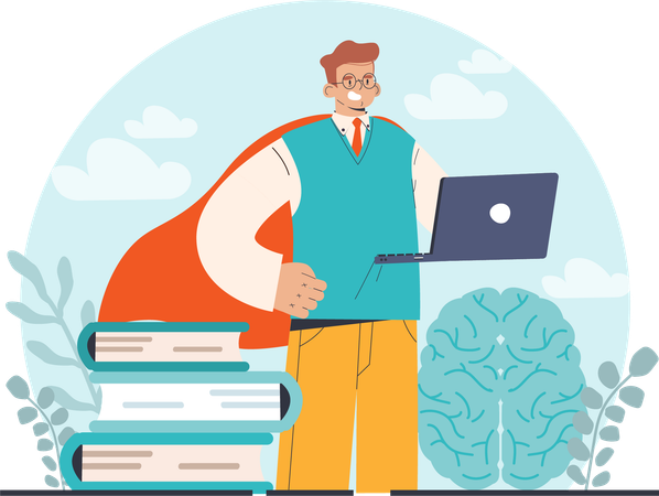 Super businessman holding laptop with brainstorm  Illustration