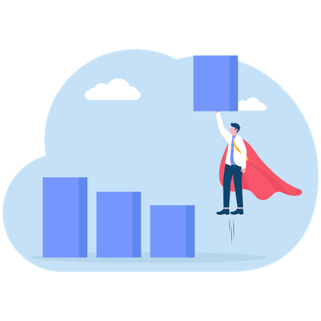 Super businessman in cape lifting bar chart  Illustration