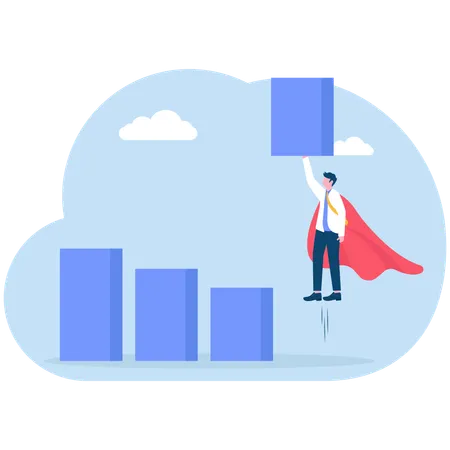 Super businessman in cape lifting bar chart  Illustration